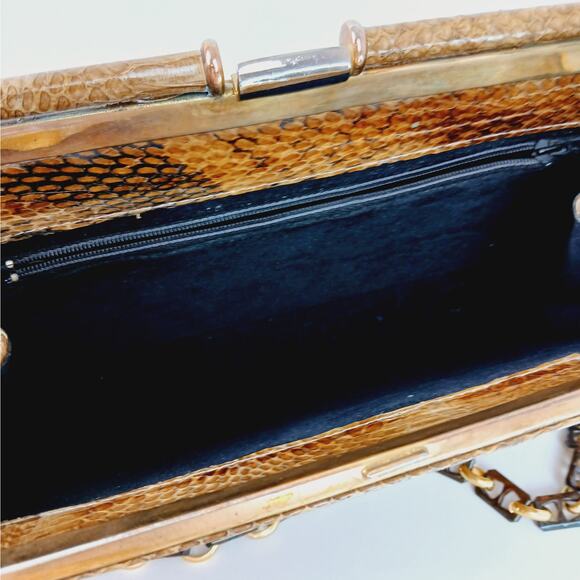 Vintage Genuine Snakeskin Clutch Purse With Chain Brown Cobra Head Markings - Picture 6 of 10